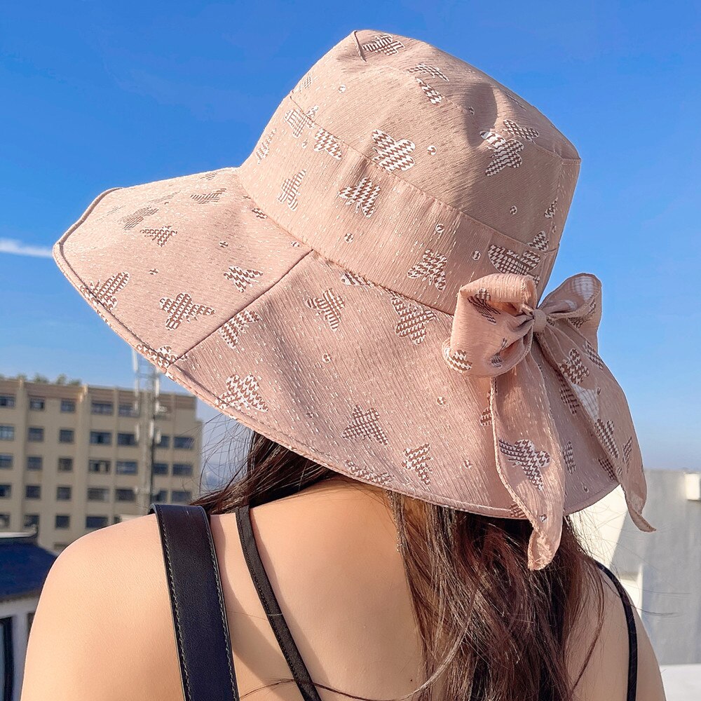 Vrouwen Zomer Zonnehoed Mode Boog Vlinder Print Zon Cap Vrouwelijke Outdoor Zon Reizen Strand Emmer Hoed: Khaki