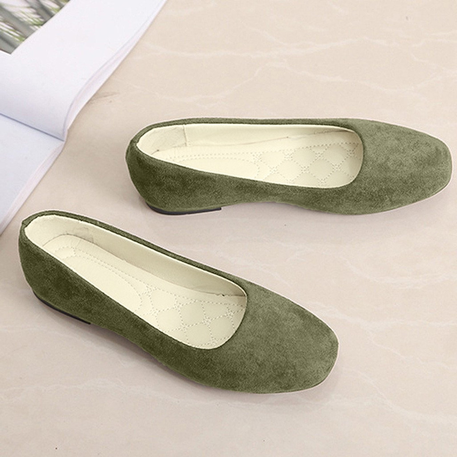 2025 Mocassini in pelle scamosciata da donna Tacco piatto Scarpe femminili poco profonde Primavera Estate Punta quadrata Décolleté da donna concisi di base Taglia 36-43: Army Green / 43