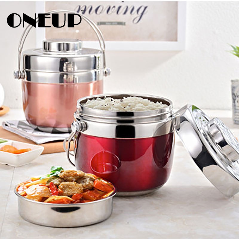 ONEUP Portable Stainless Steel Insulated Lunch Box 2 Layer Bento Box Style Grid Insulated Bucket Soup Container
