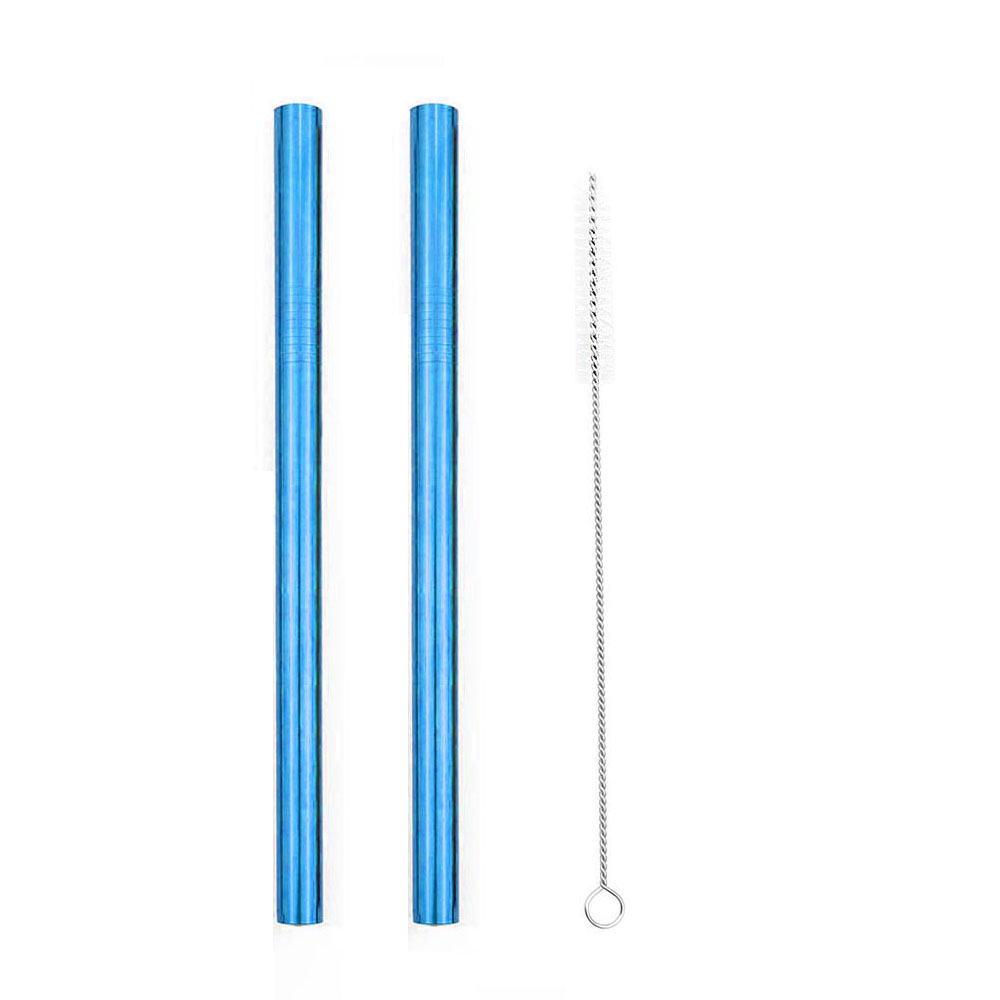 2 stücke Wiederverwendbare Breiten Metall Trinkhalme 12mm Gerade Getränke Stroh mit Reinigung Pinsel Trinken Perle Milchshake blasiert Tee stroh: Blau eben