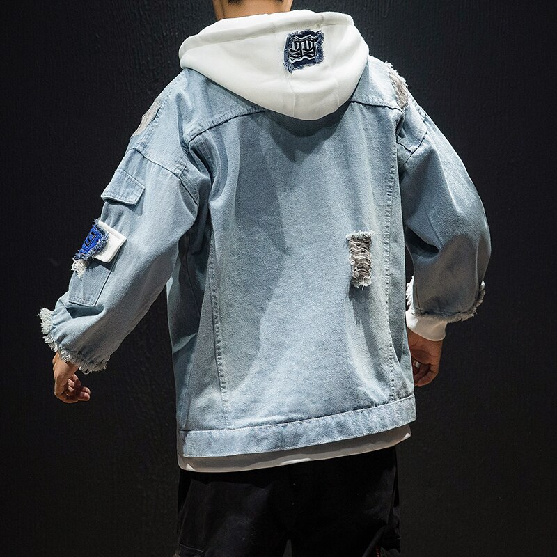 Herre denim jakker herre forår casual løst hul moto&biker denim frakker bomuld patchwork cowboy jakker