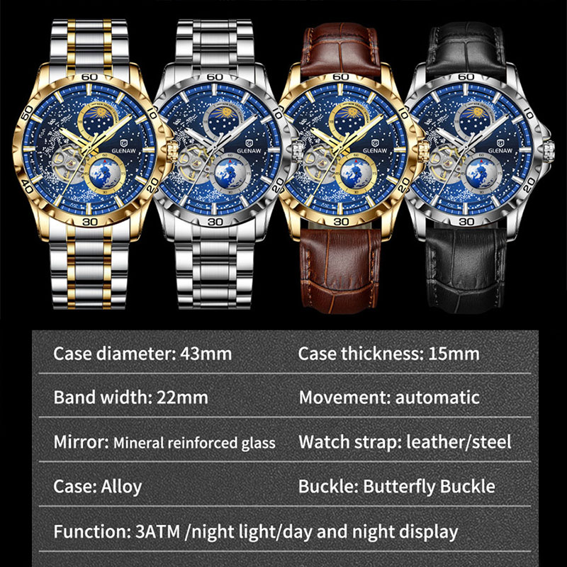 GLENAW Rotierende Erde Doppel Sekundenzeiger Armbanduhr Männer Automatische Mechanische Uhr Sternenhimmel Edelstahl Leder Armband