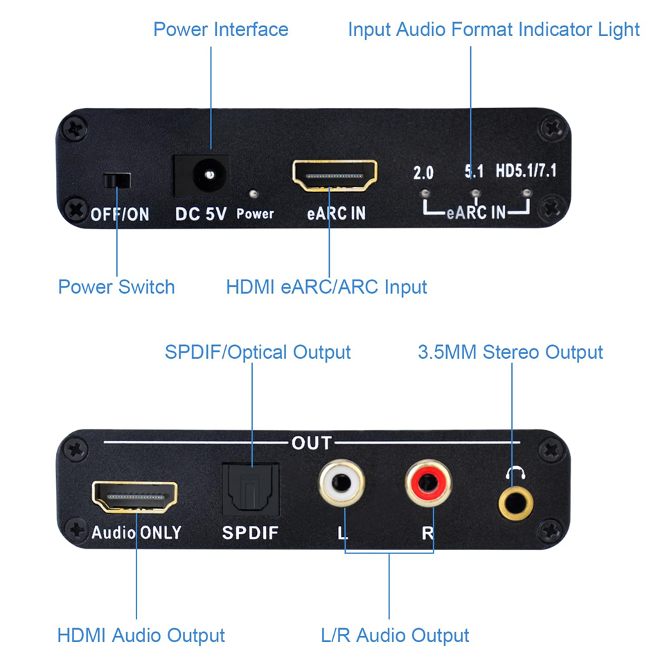 Estrattore Audio HDMI eARC arco 192Khz Convertitore Audio eARC a RCA Adattatore digitale-analogico per fibra DTS Dolby atomi AC3 LPCM
