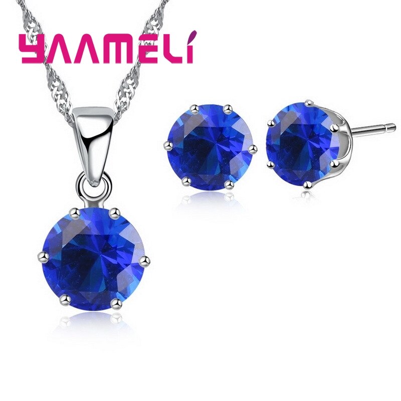 925 Sterling Zilveren Bruids Bruiloft Sieraden Sets Voor Vrouwen Engagement Crystal Hanger Ketting Oorbellen Set: dark blue
