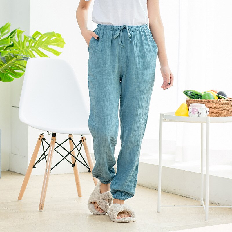 Womens Pure Cotton Yarn Pyjamas Solid Color Slim Home Pants Elastic Waist Pocket Sleep Bottoms Lounge Pants Pajamas for Women: blue / XL