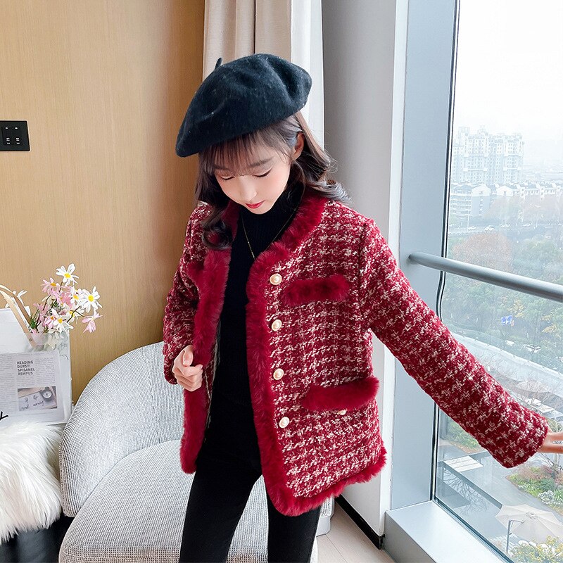 Cappotto per ragazze inverno 2021 nuovo piccolo profumo stile tweed trapuntato per bambini ispessito cappotto di natale e capodanno