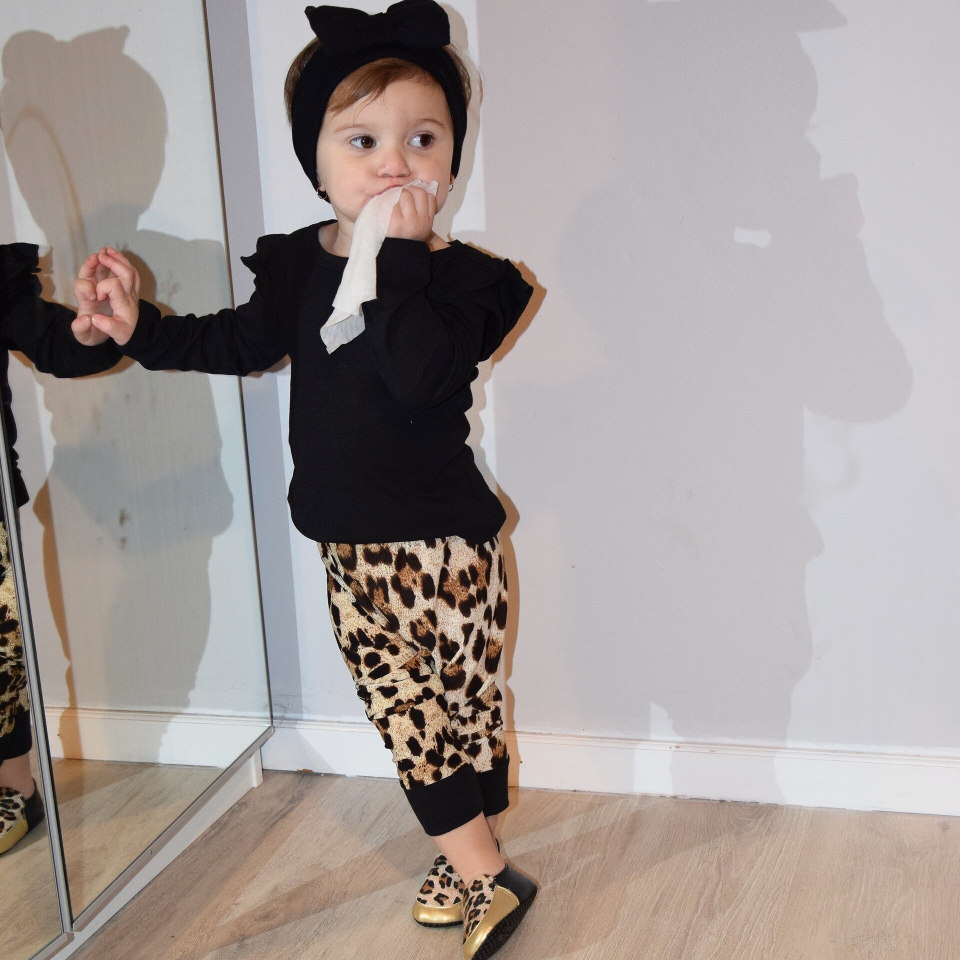 Herfst Meisjes Kleding Set Lange Mouw T-Shirt Luipaard Broek 2 Delige Set Mode INS Flying Mouwen Top Voor Baby kleding