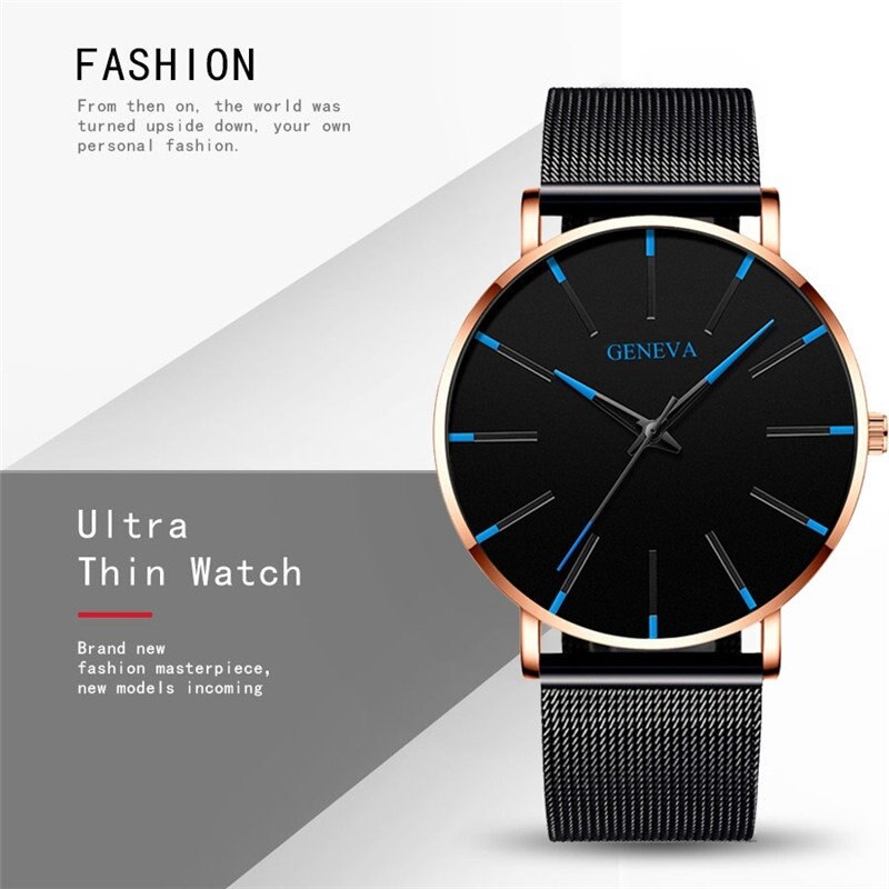 Ultra Thin Watch Men Business Blue Dial Watch Quartz Stainless Steel Strap Band Simple WristWatch Male Clock