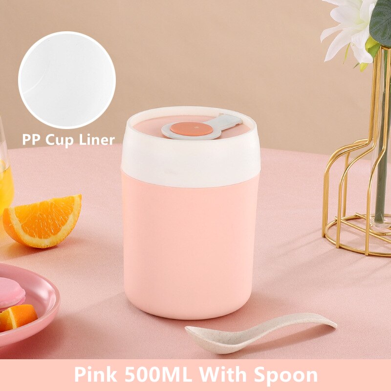 304 Stainless Steel Breakfast Cup Milk Oatmeal Insulation Cups Students Work Adult Insulating Soup Leakproof Cup With Spoon Lid: PP Pink