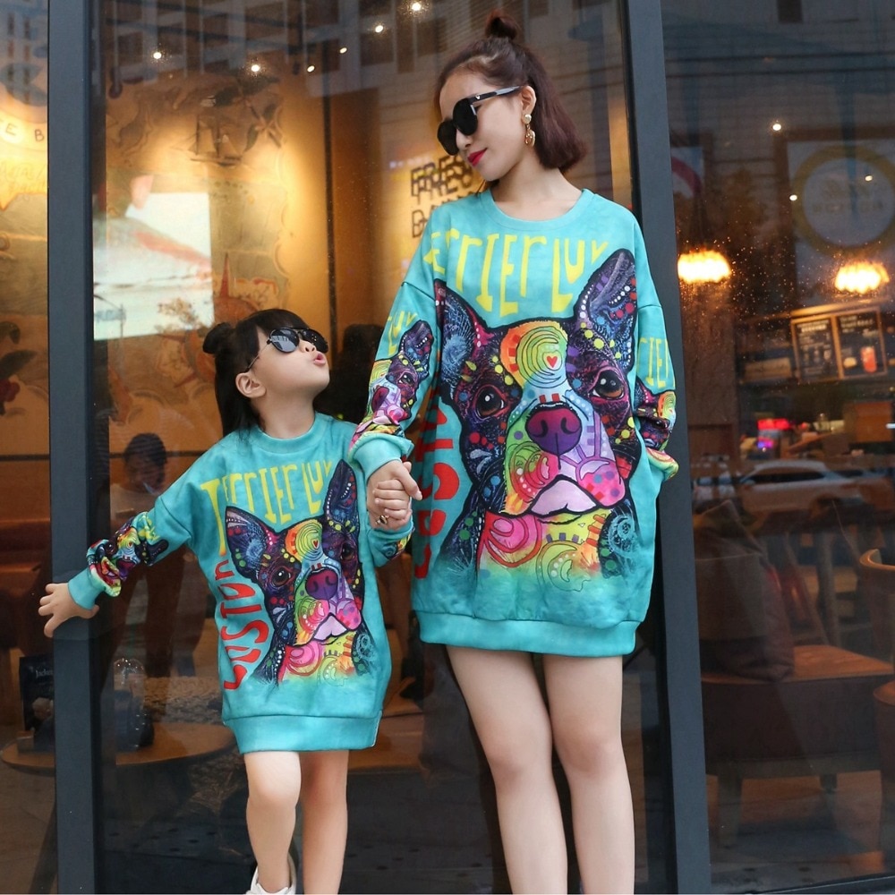 murmeln Tochter Sweatshirts Herbst Winter Familie Passenden Outfits Nette Hund drucken Langarm Familie Aussehen Passenden Kleidung