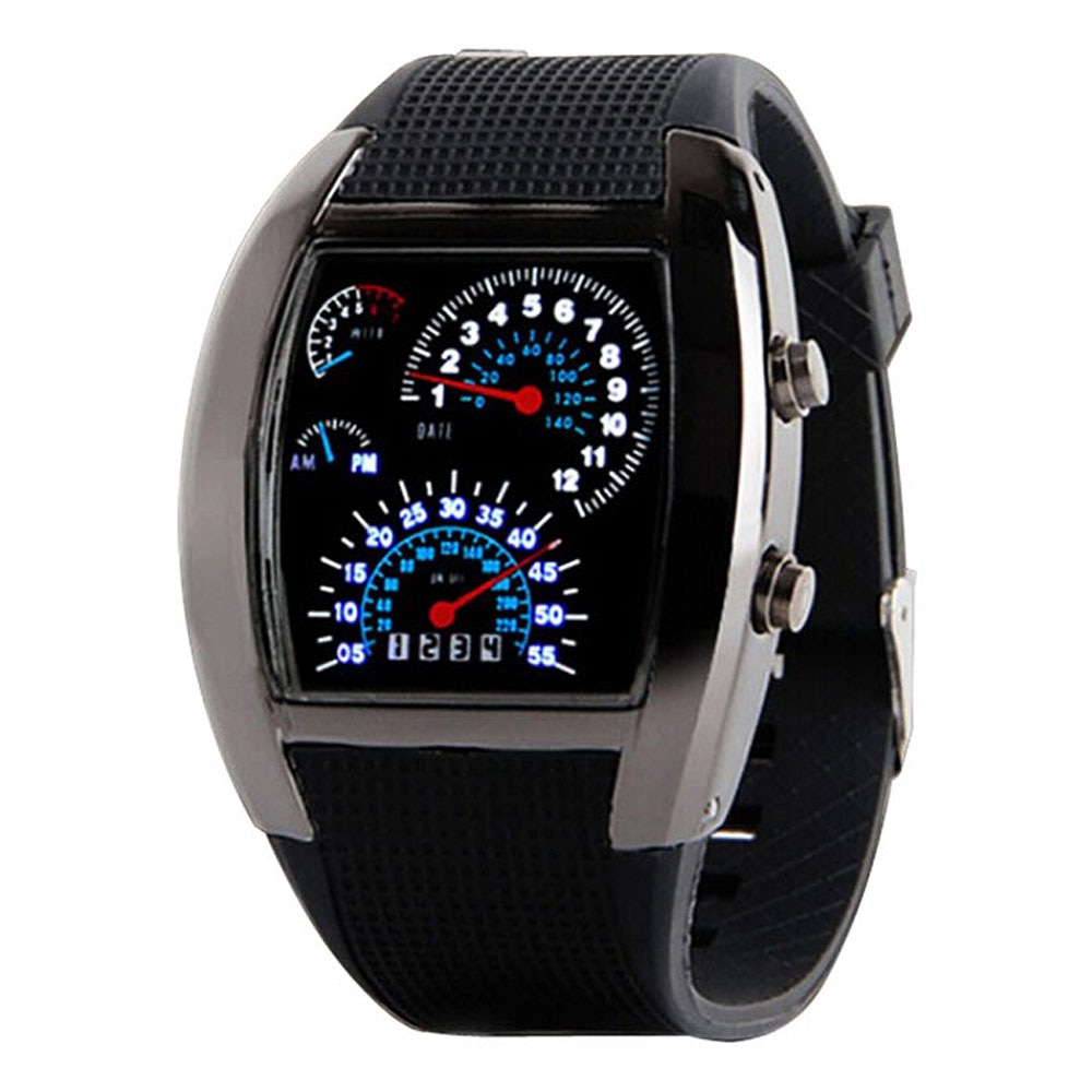 Relogio Mens Watch Aviation Turbo Dial Flash Led Watch Mens Lady Sports Car Meter Black Simple Watches Reloj