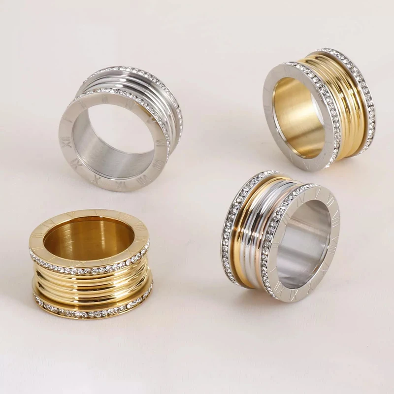 Anillos grandes elegantes de acero inoxidable para Mujer, anillo de circón brillante con alfabeto romano, Anillos gruesos para Mujer, joyería para y boda de lujo