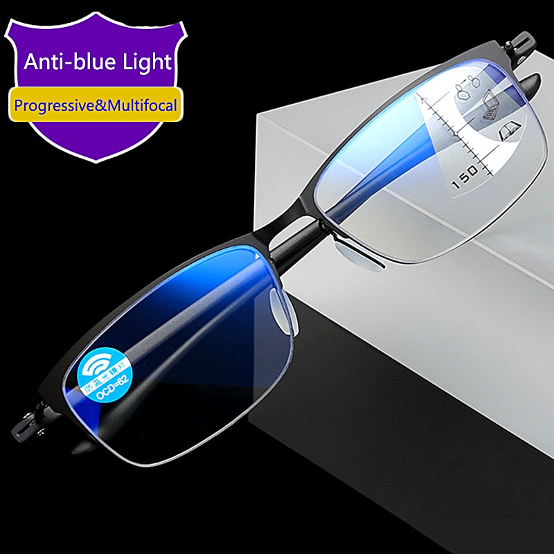 Tr90 ultraligero progresiva gafas de lectura multifocales hombres mujeres Anti azul Ray gafas de presbicia media montura de titanio de aleación de