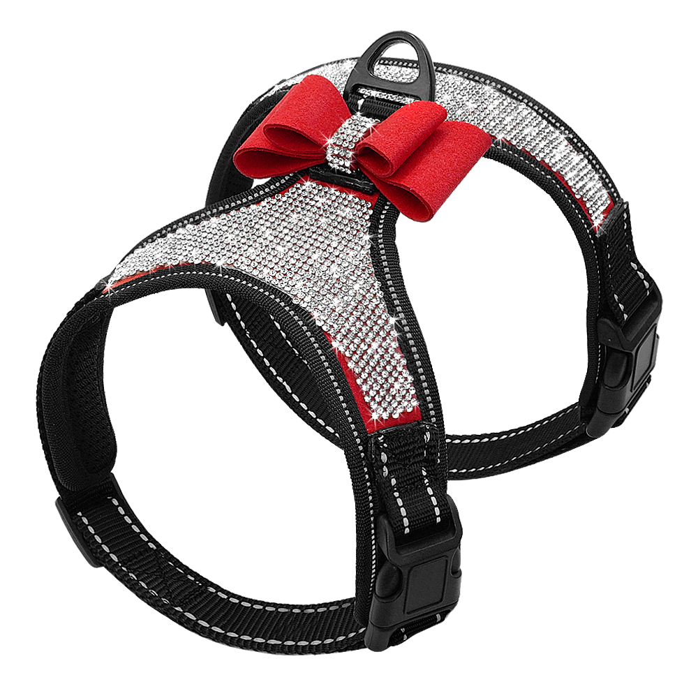 Reflecterende Diamond Bling Strass Strik Hond Harnas Nylon Huisdier Aangelijnd Kleine Medium Hond Harnassen Vest Dierbenodigdheden D30: Rood / S