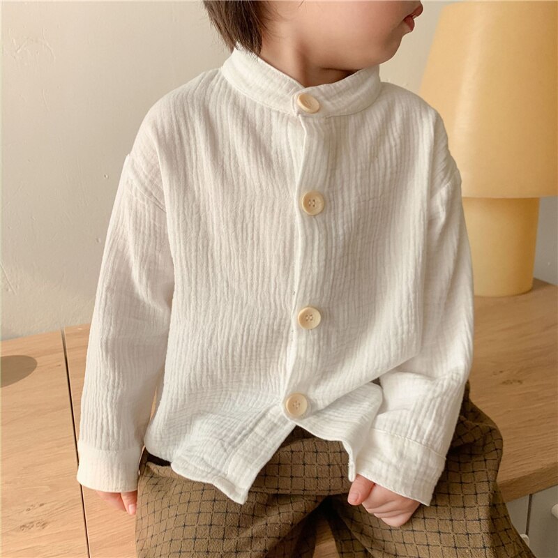 Voorjaar Jongens Effen Kleur Shirts Koreaanse Stijl Baby Meisjes Blouse Linnen Lange Mouw Shirts Kinderen Tops Kleding: white / 6T