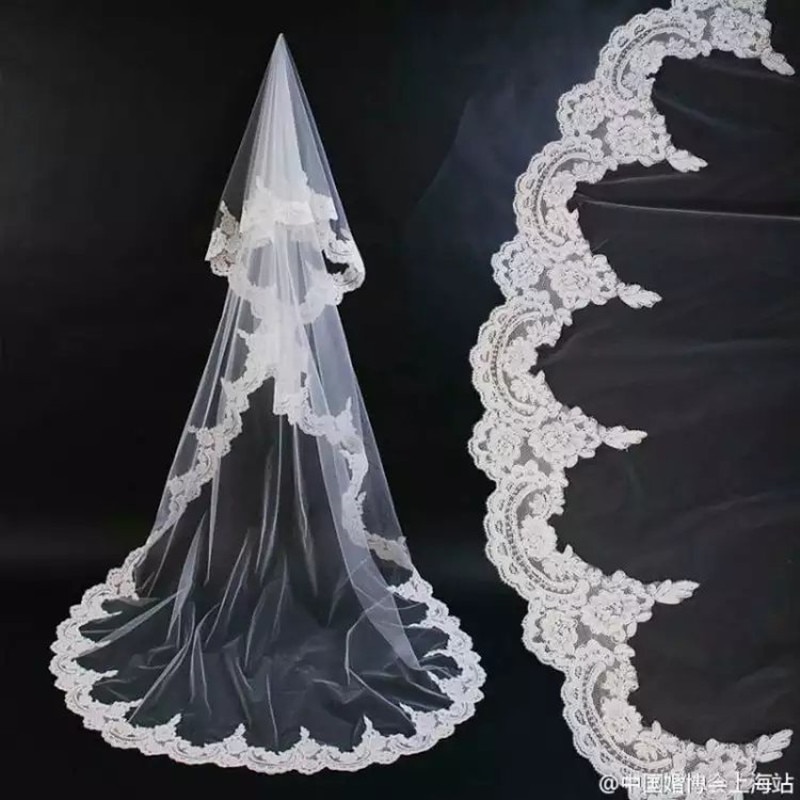Velo de encaje de novia borde una capa velo de boda de tul sin peine 3*1,5 M mujeres velo de novia