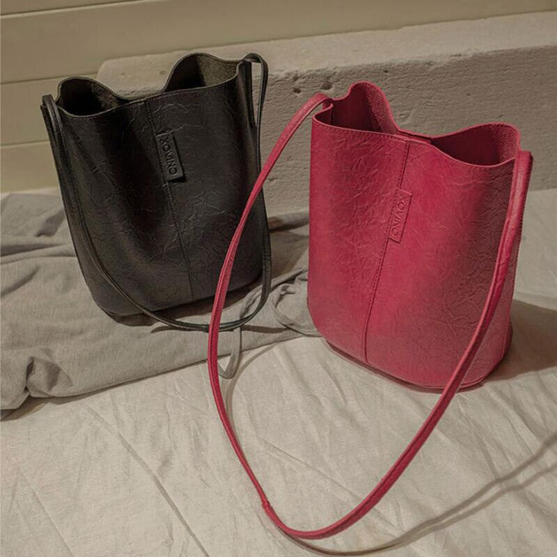 Retro bucket bag pu letaher skuldertaske stor kapacitet crossbody taske let shopping skuldertaske avanceret dame håndtaske
