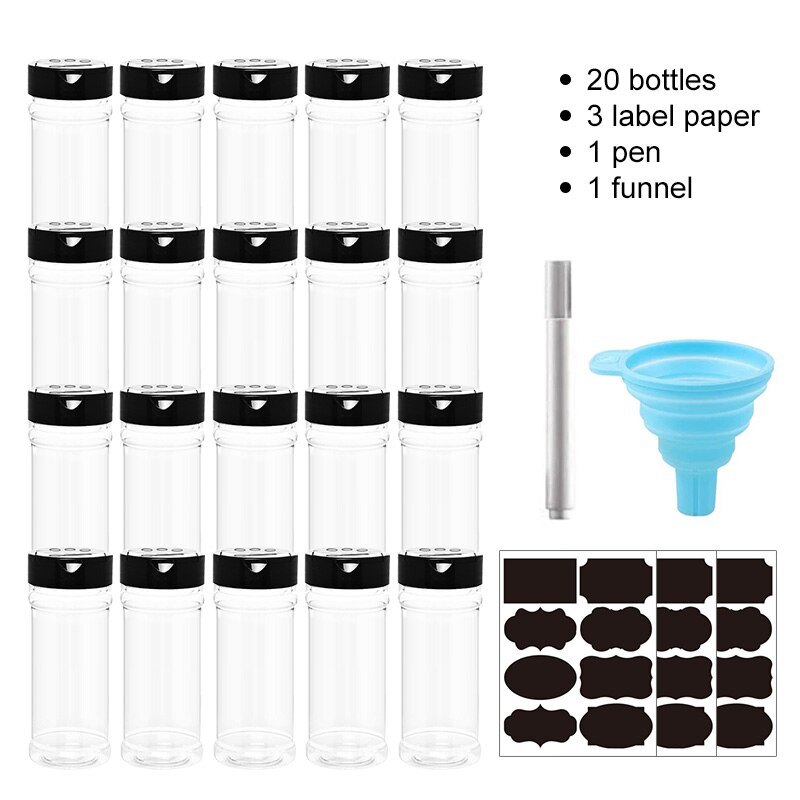 5/10/15/20 Stuks Kruidenpotjes Met Labels Plastic Transparante Spice Fles Containers Voor Spice Peper zout Cocina Keuken Kruidkruik: 20pcs