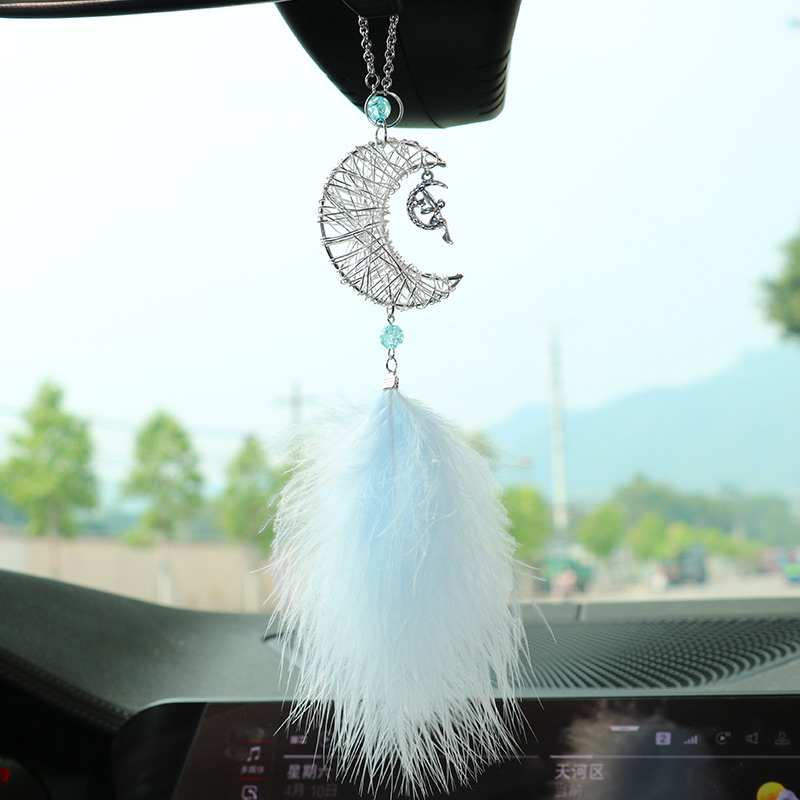 Adornos colgantes para coche, campanas de viento de estrellas y luna, colgante para espejo retrovisor de coche con plumas, decoración de estilo, accesorios de Interior de coche