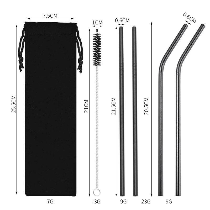 Food Grade Eco-Friendly 304 Stainless Steel Metal Straw Set with Cleaning Brush Convenient Party Milk Tea Drink Straw Reusable: E