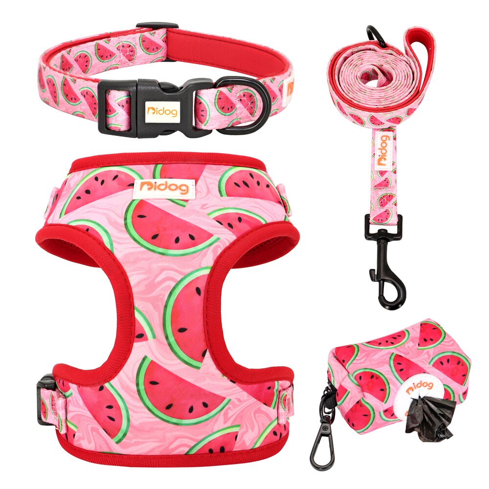 Print Dog Collar Harness Leash Poop Bag Set Adjustable Pet Collars Vests For Small Medium Dogs Pets Walking Rope Garbage Bags: Red / XS