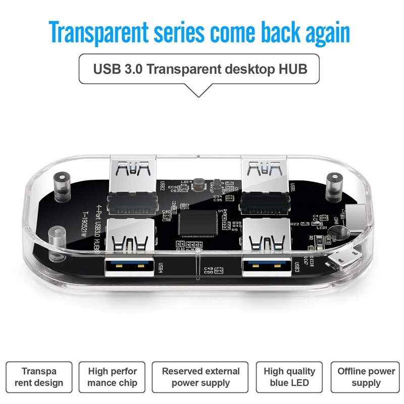 USB Hub Transparent USB3.0 Adapter 4 Port USB Combo TF SD Card Reader All in One for PC/Laptop
