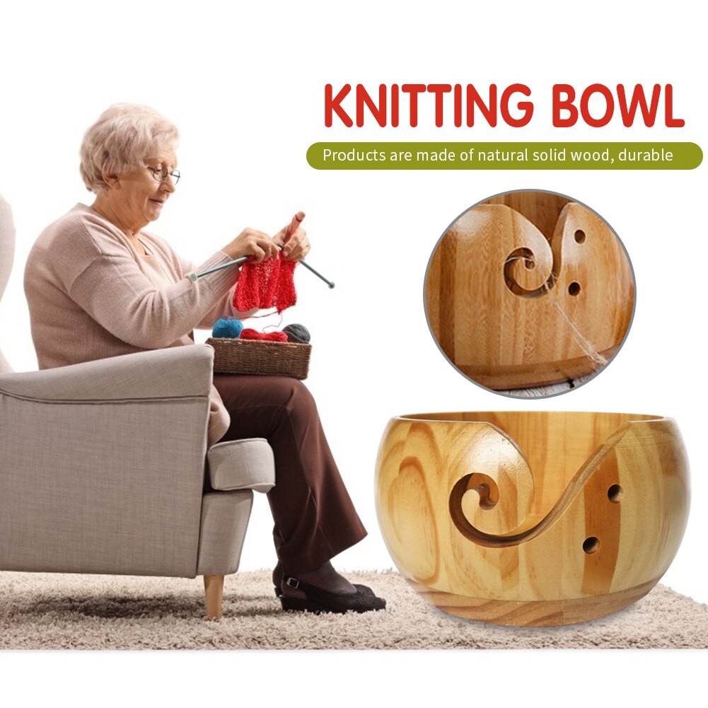 Knitting Crocheted Wool Holder Storage Bowl Wooden Round Knitting Project Needlework Craft Salad Noodle Rice Fruit Bowl