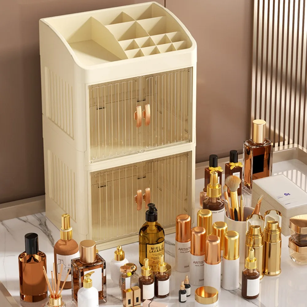 Caja de almacenamiento plegable, cajas organizadoras sencillas para el hogar, organizador de productos para el cuidado de la piel de doble puerta, estante de almacenamiento de papelería multicapa