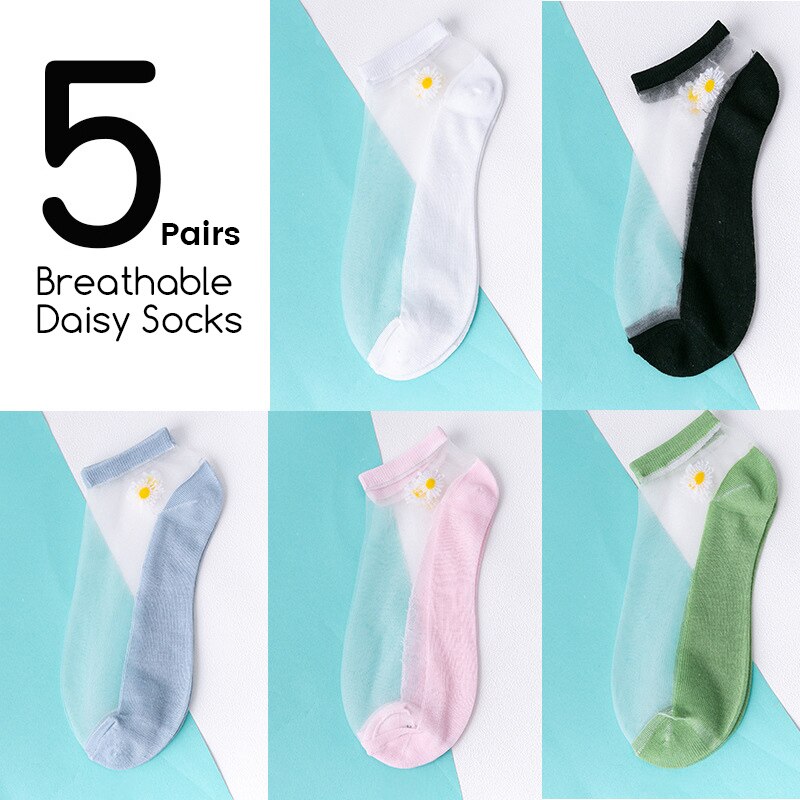 5Pairs/Lot Women Socks for summer Ultra-thin Transparent Cass Glass fiber Silk Socks daisy Flower Japan Ankle Socks: 374-daisy