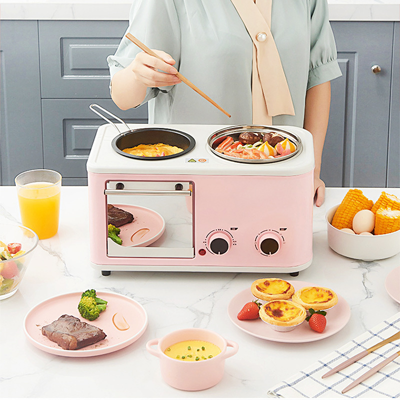 Máquina de desayuno eléctrica 3 en 1 para el hogar, mini tostadora de pan, horno para hornear, tortilla, sartén, olla , caldera de vapor de alimentos EU