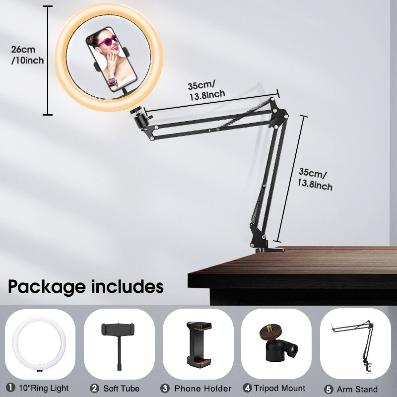 Mic Boom Desk Arm Stand with Phone Holder, Boom Suspension Stand Adapter Clip for Microphone Smartphone Tablet Ring Light: 10inchRL