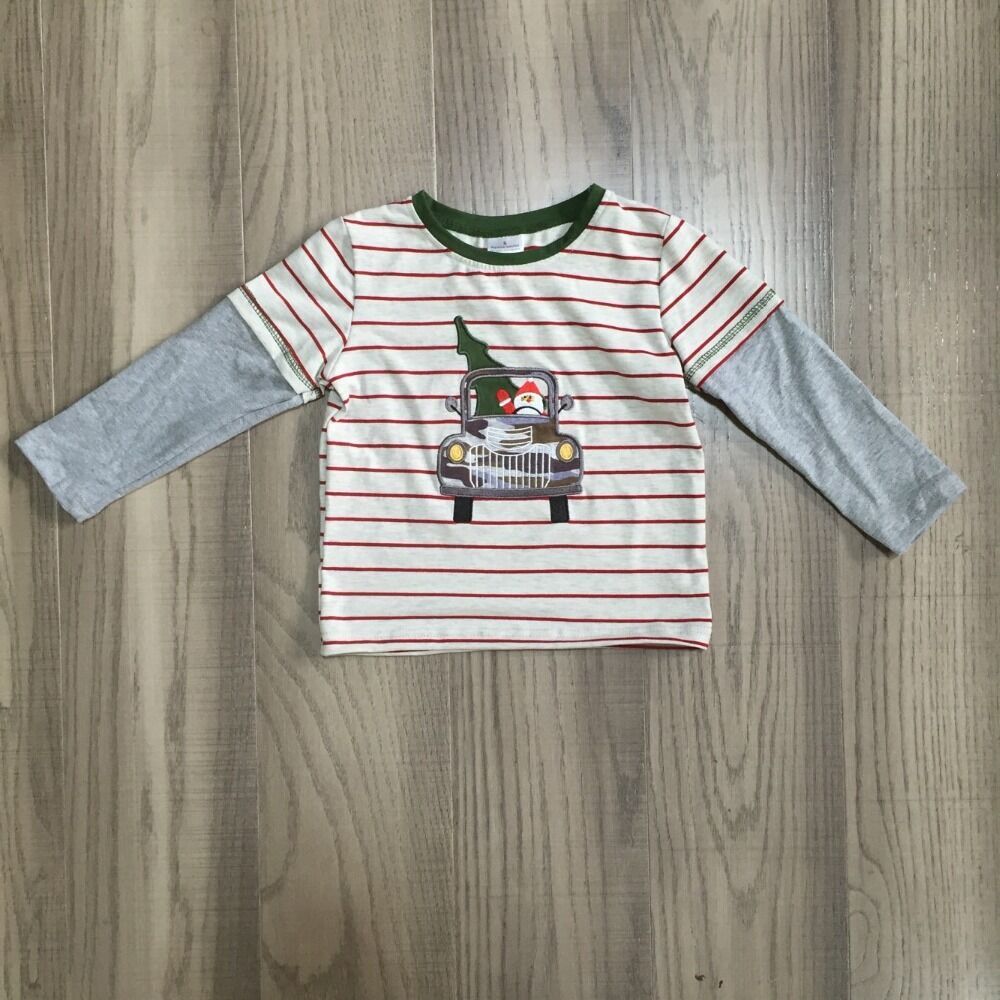 GirlyMax Winter Boys Christmas Santa Tree Car Embroidered Raglan Baby Long Sleeve Stripe Top: 2T