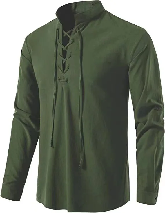 Novos Homens Decote Em V Camisa T-Shirt Moda Vintage Fino Top Manga Longa Homens Casual Respirável Viking Frente Lace Up Ho: XXL / green