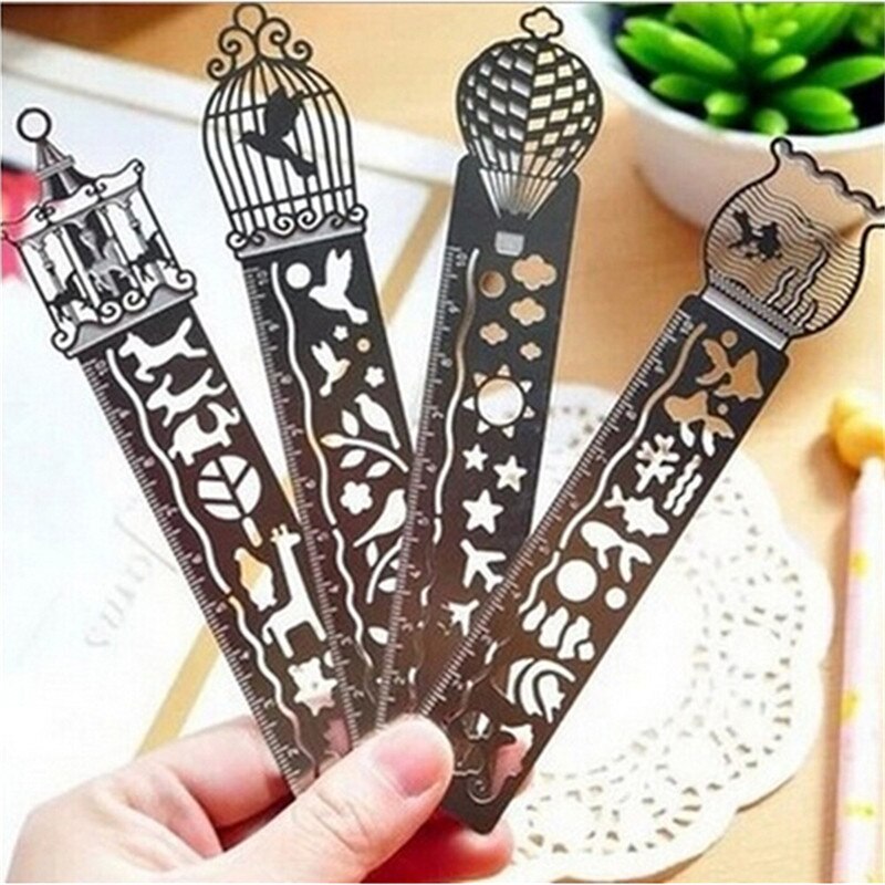 1pc Cartoon bird fish metal bookmark with ruler