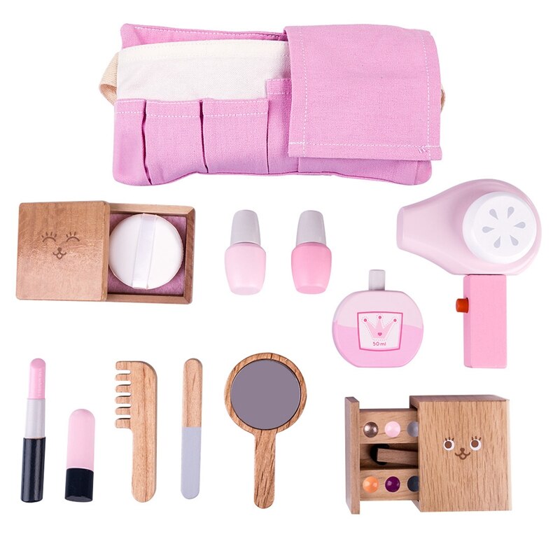 12Pcs Kit Wooden Beauty Salon Pretend Makeup Playset Toy Role Play Cosmetics Toy Simulation Beauty Accessories for Kids