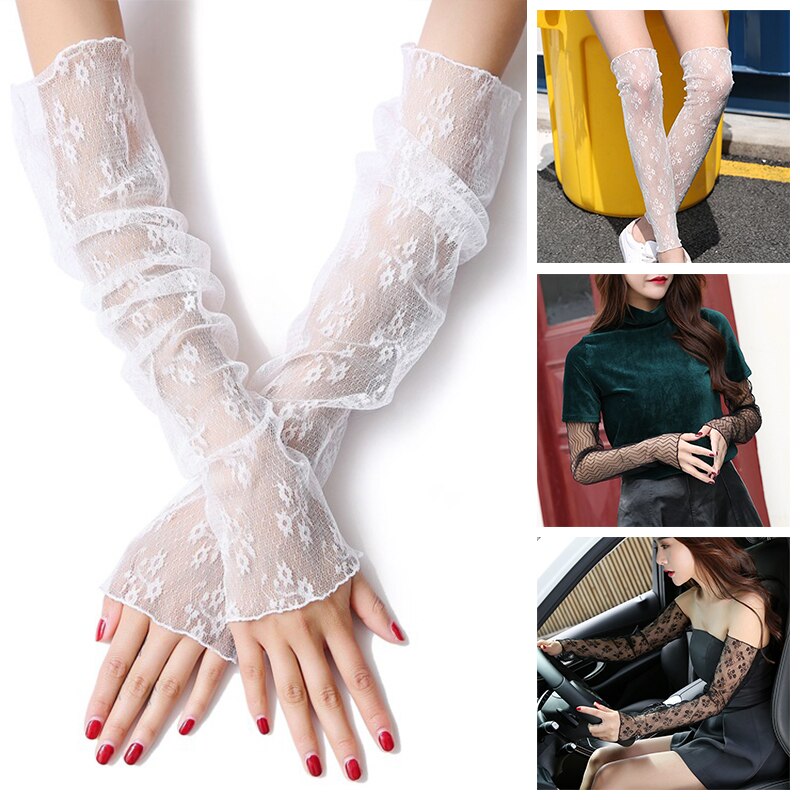 Mangas de protección solar para mujer, manguitos de malla de hielo, guantes de medio Dedo de encaje para ciclismo, manguitos finos para conducir, calentadores de brazo de verano