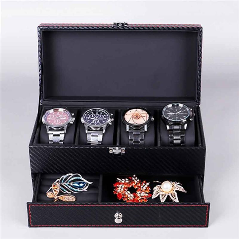 4-bit Box Watch Display Stand Double Drawer Jewelry Container Necklace Ring Storage Box Black