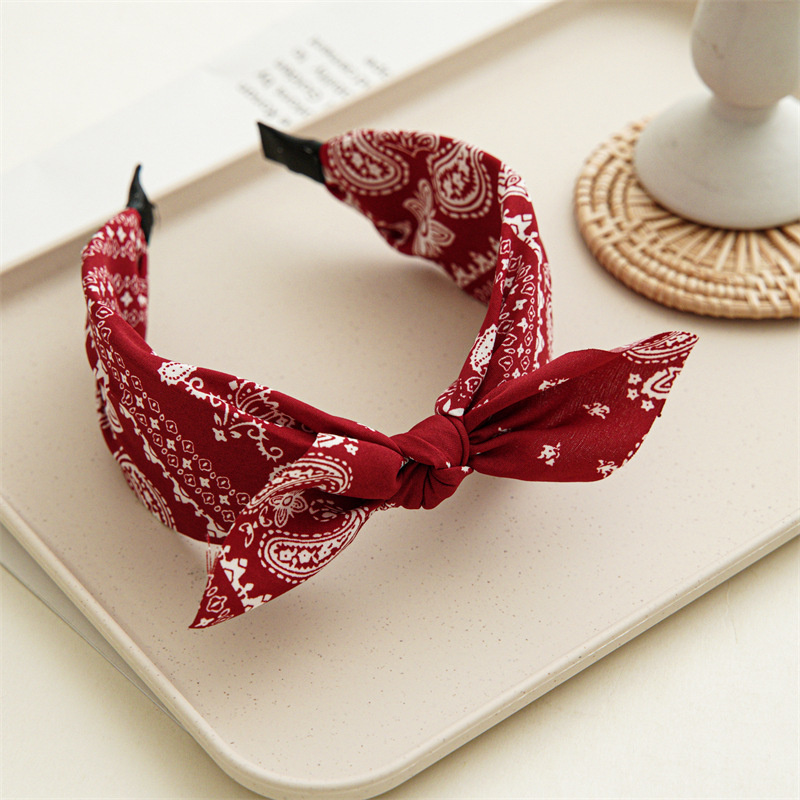 Bandana de Cachemira a la para mujer, diademas con lazo anudado, turbante con Orejas de conejo, diadema, accesorios para el cabello para niña: Color vino