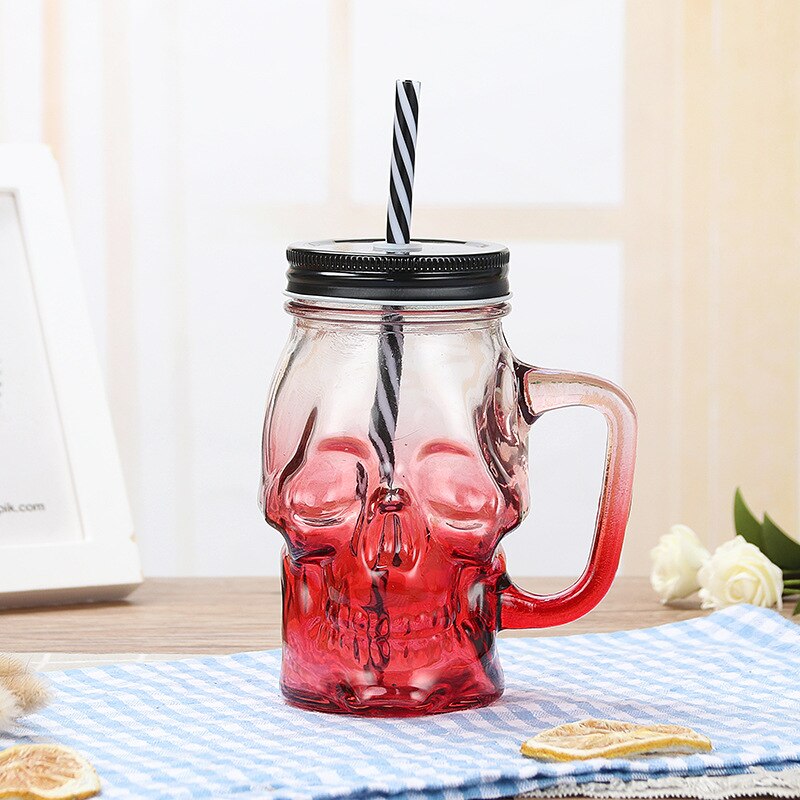Verre avec couvercle et paille pour tête de mort, pot de maçon à large bouche, gobelet de 16oz: Red