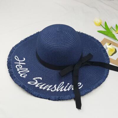 summer Hello Sunshine Sequin letter wide brim sun hats for women Beach vacation girls straw hat: Navy Blue