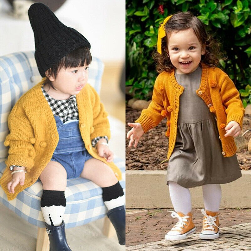 Peuter Winter Kleding Kids Baby Meisje Gebreide Trui Jas Lange Mouwen Effen Vest Jas Kleine Bal Decoratie Uitloper