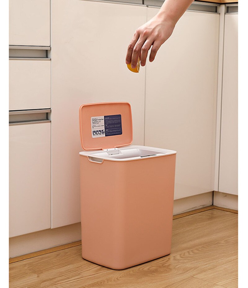 14L Automatic Touchless Smart Infrared Motion Sensor Rubbish Waste Bin Kitchen Trash Can Garbage Bins Home Cleaning Tool: light pink / Battery