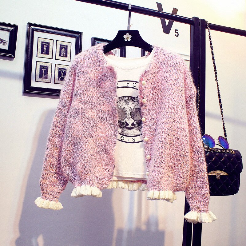 Neploe koreansk sød stil korte cardigans sweater kvinder flæser o hals perle veste femme løs strik studenterfrakke 46277: Lyserød