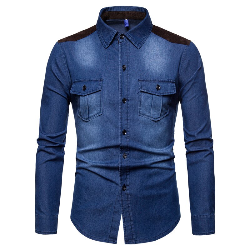 Dongeriskjorte herre langermet herre casual bomull jeansskjorte slim semsket matchende herre solide lommeskjorter topper chemise homme