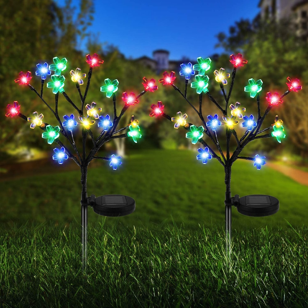 Luces solares para jardín, paquete de 2 luces solares para exteriores con 20 LED, flores de cerezo, luces de estaca solares impermeables para patio