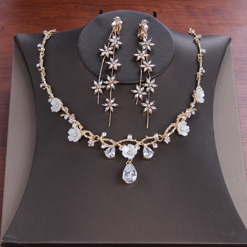 Baroque Vintage Gold Crystal Snow Bridal Jewelry Sets Rhinestone Tiara Crown Earrings Necklace Wedding African Beads Jewelry Set: 2Pcs Jewelry Set