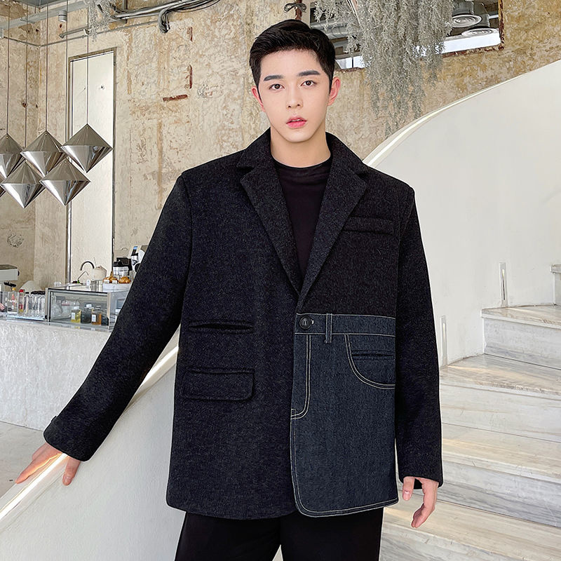 IEFB Menswear Chic Denim Spliced Woolen Blazers Loose Single Button Tweed Suit Jacket 2022 Spring Winter Clothing: black / M