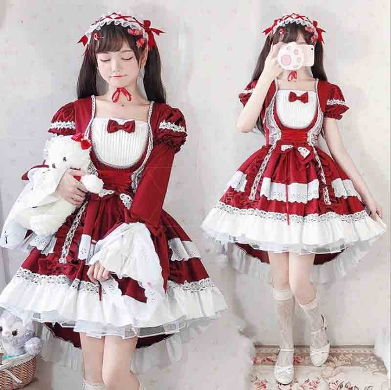 Vestido Lolita gótico para chicas, vestido Lolita de manga larga extraíble, disfraz de sirvienta para mujer, disfraz de Lolita roja para mujeres y niñas de talla grande