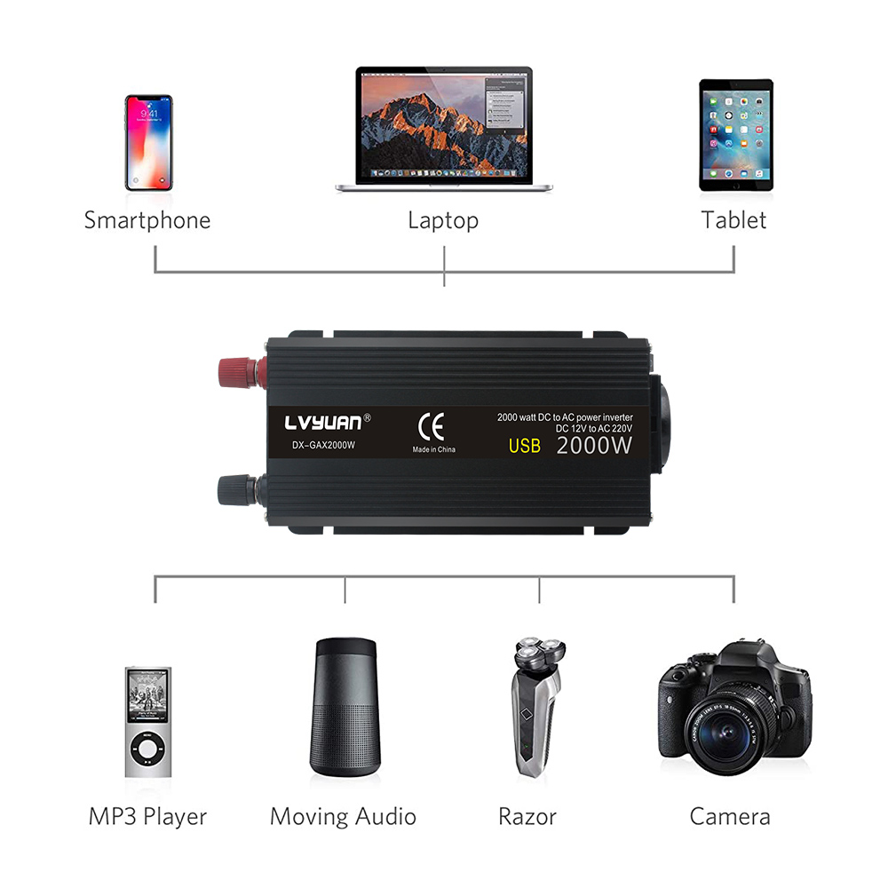 Bilomformer 12v 220v strøm 500w/1500w/2000w omformer 2 usb eu-uttak webasto 12 volt autoinverter 12v 220 v transformator solenergi