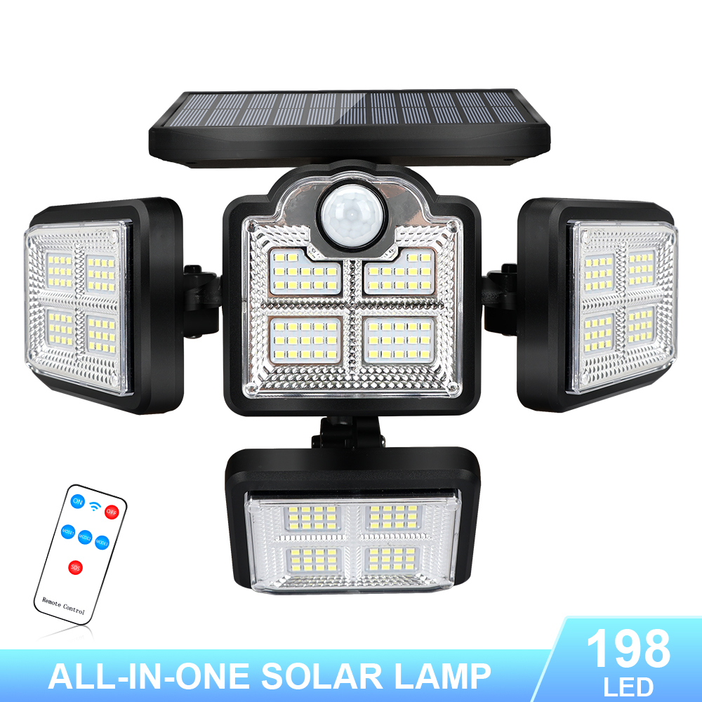 Panel słoneczny światło na czujnik ruchu 192/198LED ścienne lampa bezpieczeństwa 4 głowy zewnętrzne oświetlenie krajobrazu 3 tryby IP65 wodoodporna z Remot: 198LED-Integrated / 1PCS